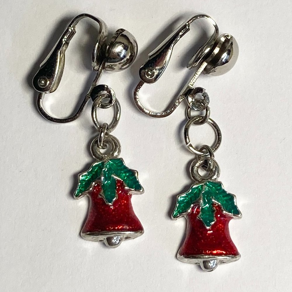 Vintage Christmas Bells Holly Clip On Earrings Red Green Enamel Silver Tone